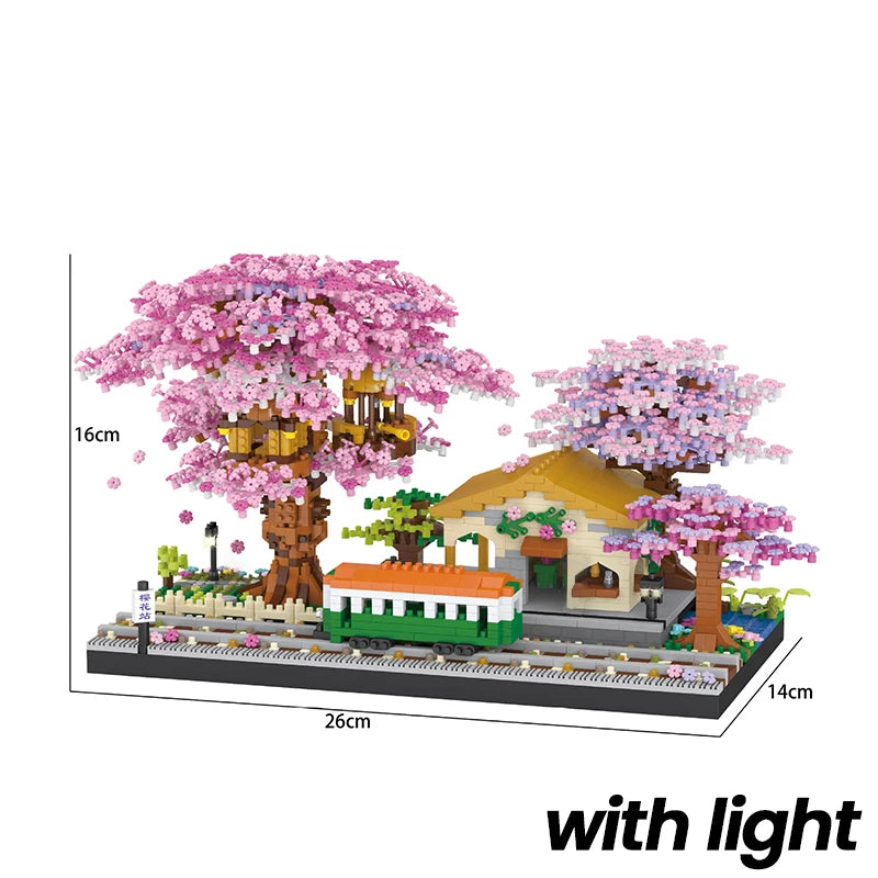 Mini Sakura Boom Bouwstenen Set Doe-Het-Zelf Kersenbloesem Bakstenen met Licht Boomhut Model Ornament Romantisch Cadeau voor Vriendin