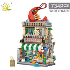 HUIQIBAO City Mini Chinese Street View Gourmet Shop Micro Building Blocks Set Seafood Restaurant DIY Bricks Toys For Children