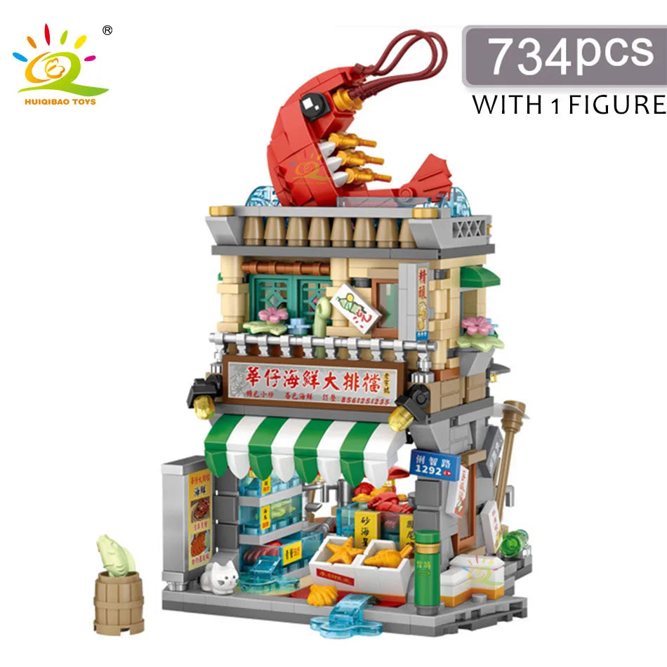 HUIQIBAO City Mini Chinese Street View Gourmet Shop Micro Building Blocks Set Seafood Restaurant DIY Bricks Toys For Children
