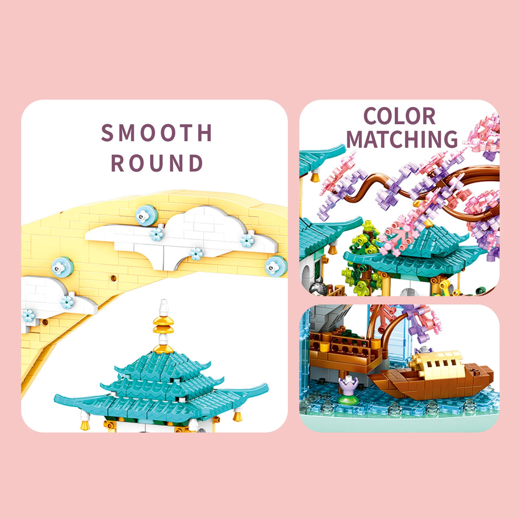 Ancient Pavilion Temple Tower Lake Garden Gate Led Light Model Mini Diamond Blocks Bricks Building Chinese Style Home Decor Gift