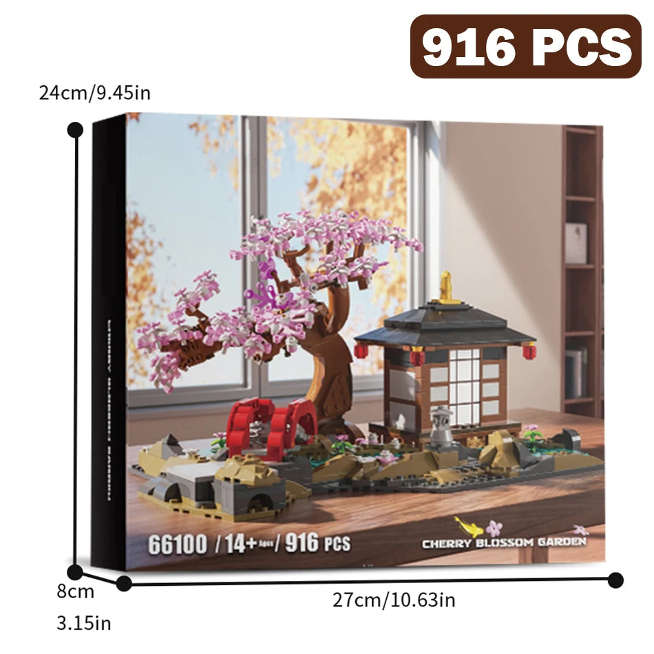 MOC Cherry Blossom Zen Garden Building Blocks Japan Architecture Sakura Tree House Street View Construction Bricks Toys Kid Gift