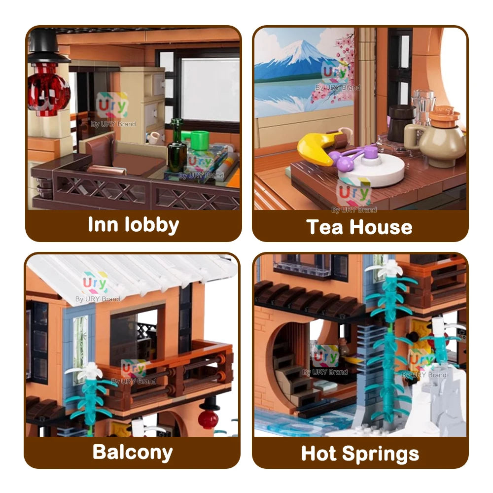 City Street View Modular Japanese Traditional Single-family Villa Retro Flower House MOC Architecture Building Block Toy for Kid