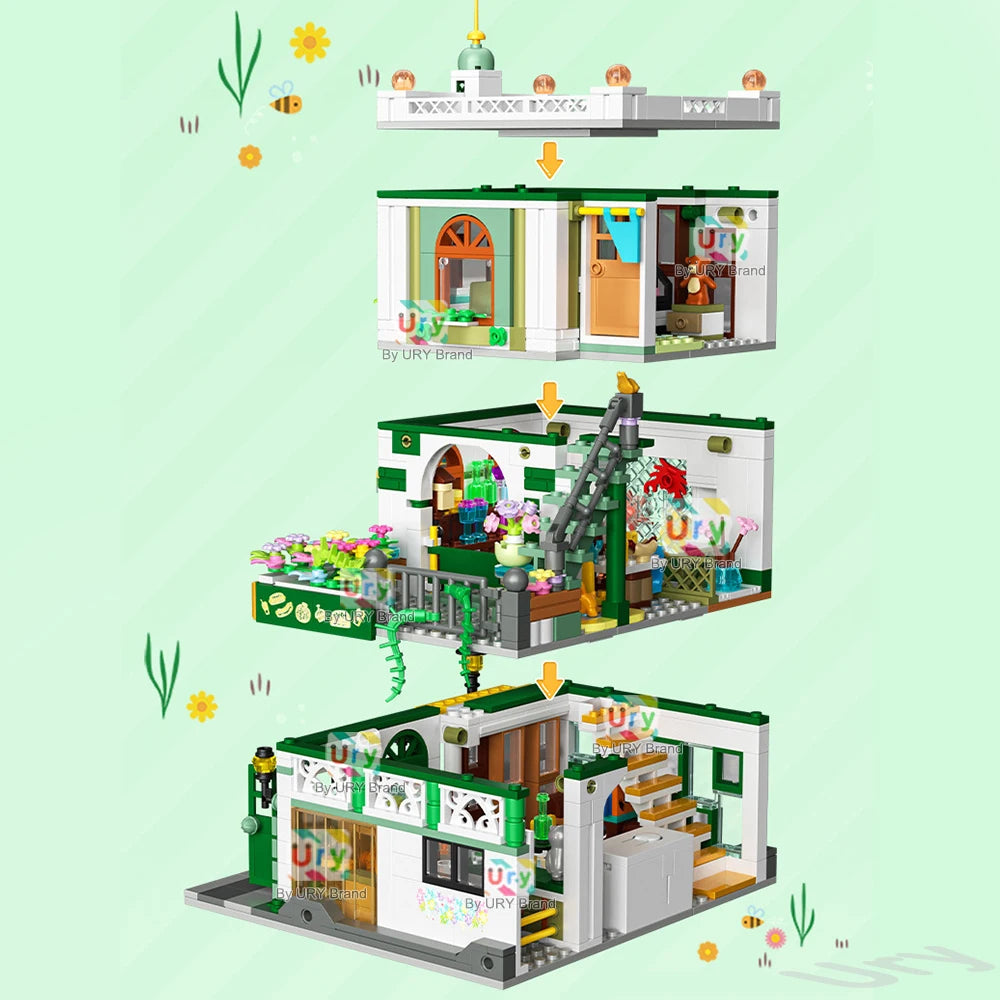 City Street View Modular Chinese Restaurant Retro Flower House with LED Light MOC Architecture Building Block Sets Toys for Kids