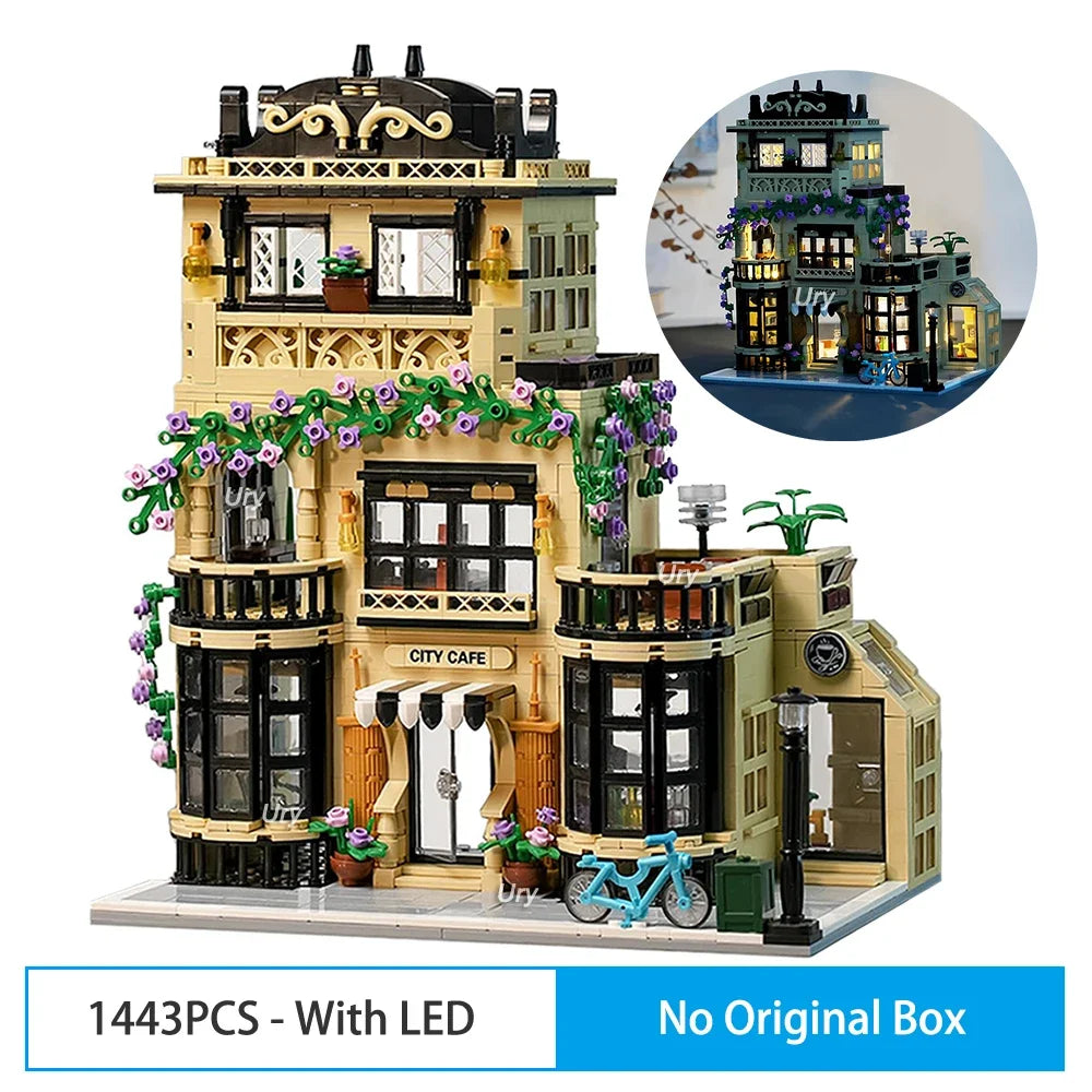 City Street View Modular Coffee Restaurant Retro Flower House with LED Light MOC Architecture Building Block Sets Toys for Kids