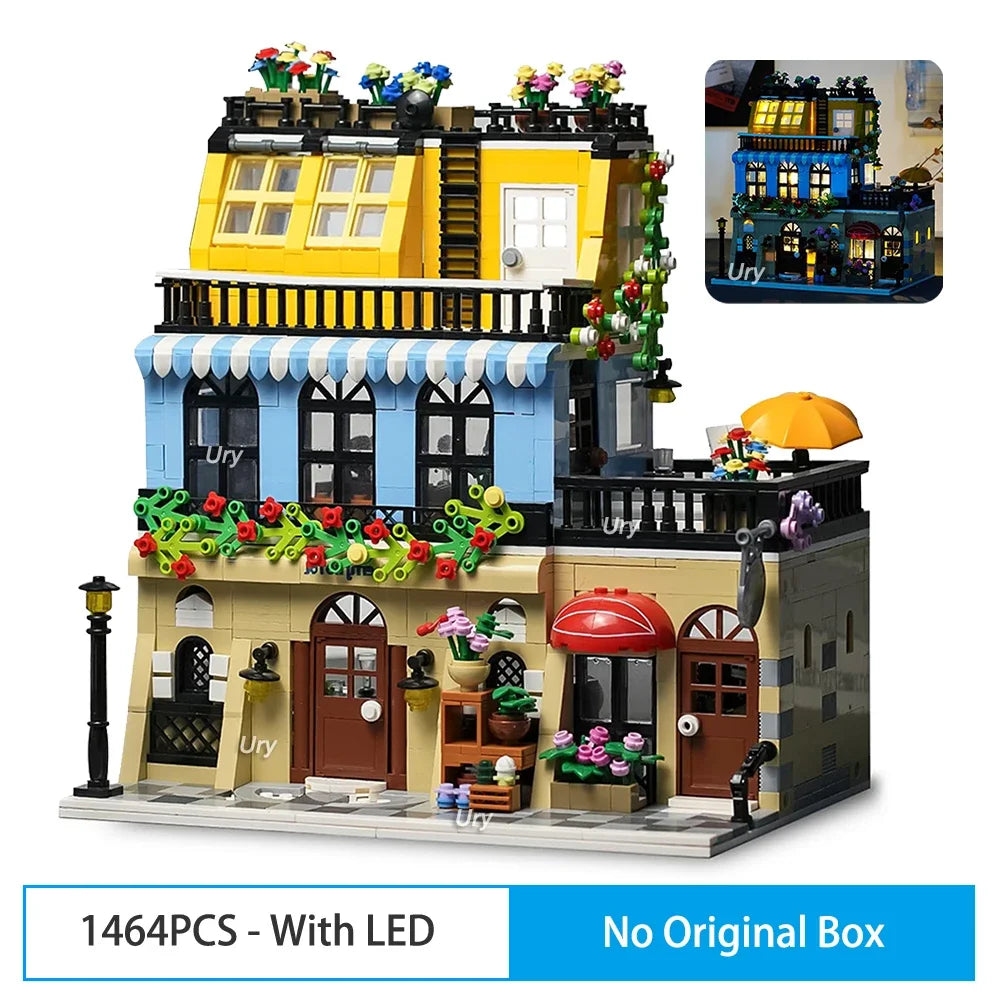 City Street View Modular Coffee Restaurant Retro Flower House with LED Light MOC Architecture Building Block Sets Toys for Kids