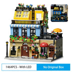 City Street View Modular Coffee Restaurant Retro Flower House with LED Light MOC Architecture Building Block Sets Toys for Kids