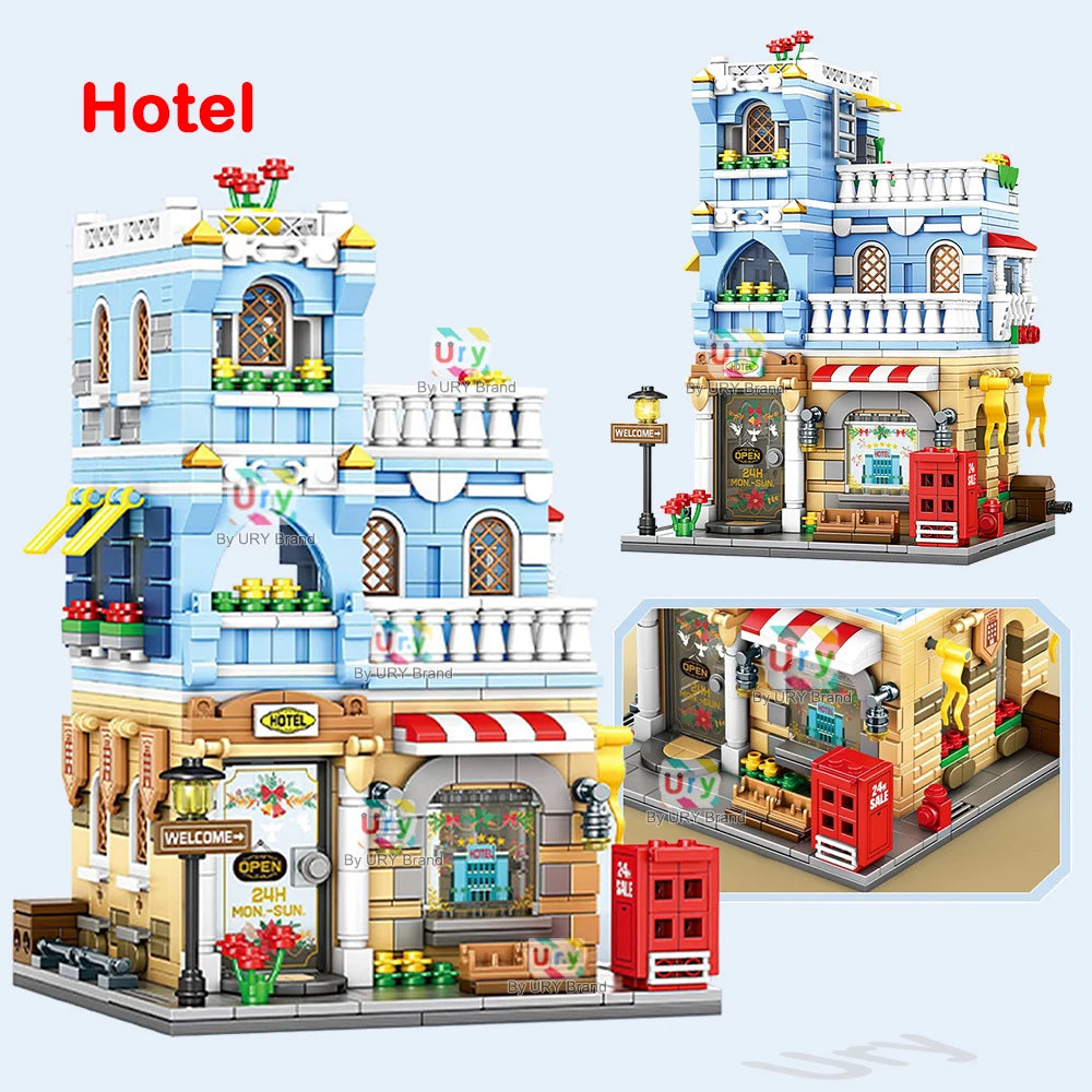 City Street View Modular Mall Supermarket Hotel Burger Coffee Shop Retro Flower House MOC Architecture Building Blocks for Kids