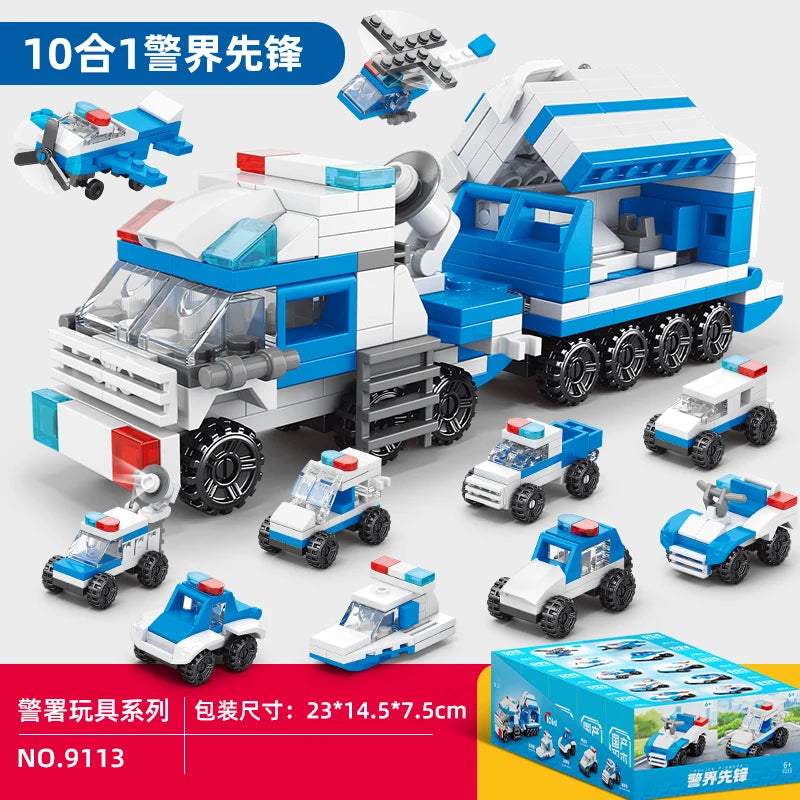 Fire truck building blocks 10 in 1 Police car Aircraft Tank warship excavator robot Building bricks Boy toy Children's gift