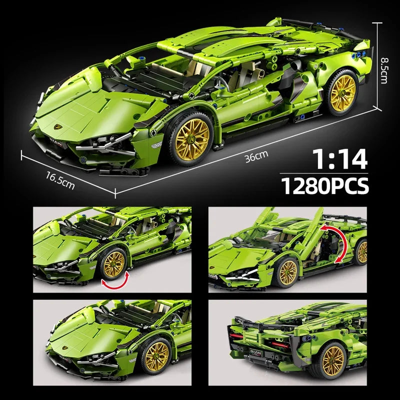 Technical Super Speed Green Lamborghinis Sports Car Model Building Blocks Assemble Famous Vehicle Bricks Kid Toys for Adult Gift