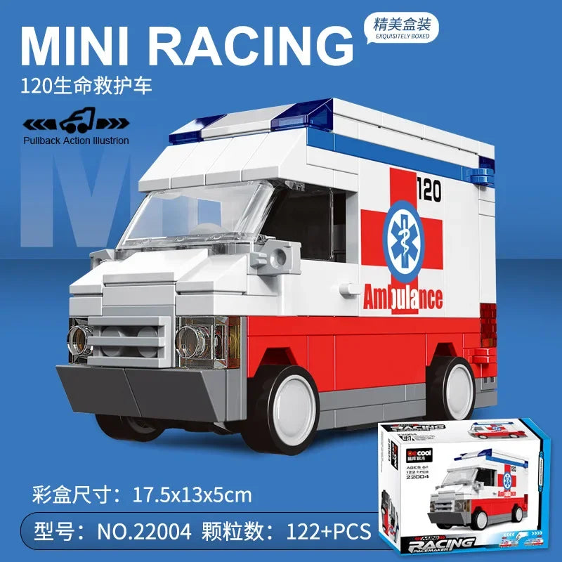 Doe-het-zelf raceauto bus bouwvoertuig ambulance terugtrekmodel bouwstenen speelgoed voor kinderen jongens compatibel met Lego
