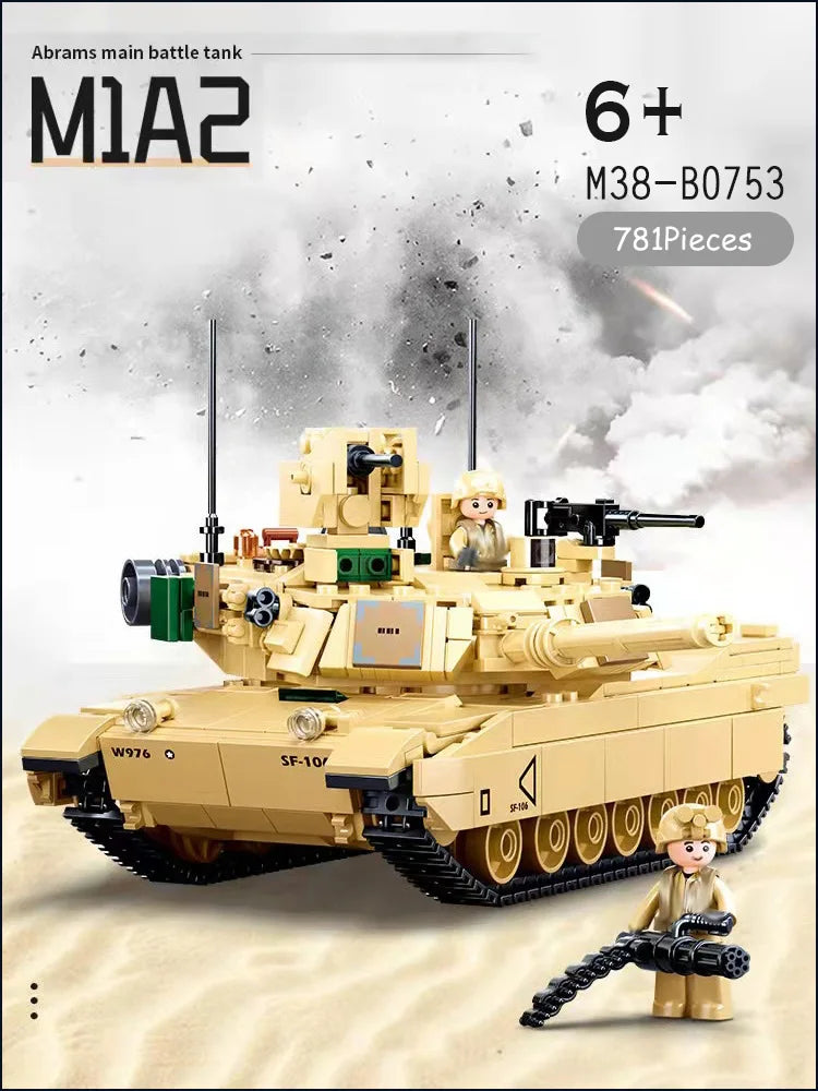SLUBAN World War II 2 Military USA Abrams M1A2 Battle Tank Chariot Building Blocks Army Classic Accessories Model Kids Gift Toys