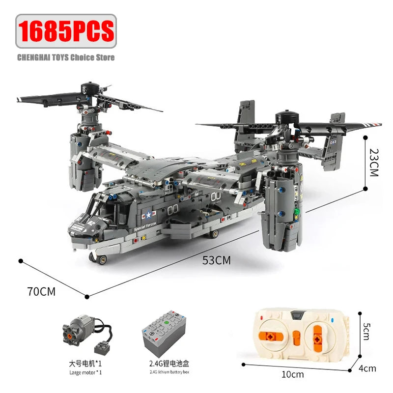WW2 Technical Electric Osprey Transport Aircraft Building Blocks High-Tech Sets Military Fighter Bricks Boys Toys for Kids Gifts - CADA BRICKS®