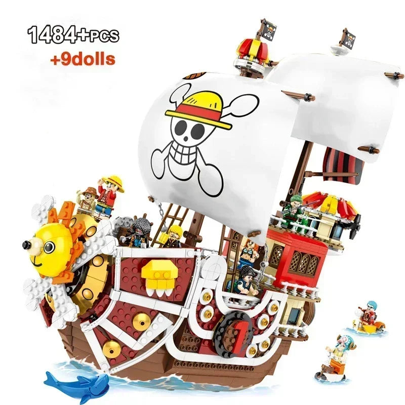 One Piece 1484Pcs+9Dolls Thousand Sunny Boat Blocks Cartoon Pirate Ship Bricks Set Toys for Children Christmas Gifts