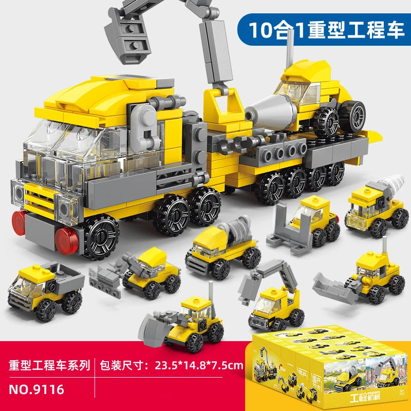 Fire truck building blocks 10 in 1 Police car Aircraft Tank warship excavator robot Building bricks Boy toy Children's gift