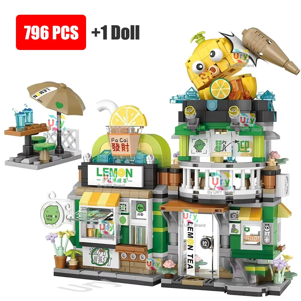 Mini City Japanese Street View Modular Villa Retro Lemon Tea Shop Store Friends House MOC Architectur Building Block Set for Kid