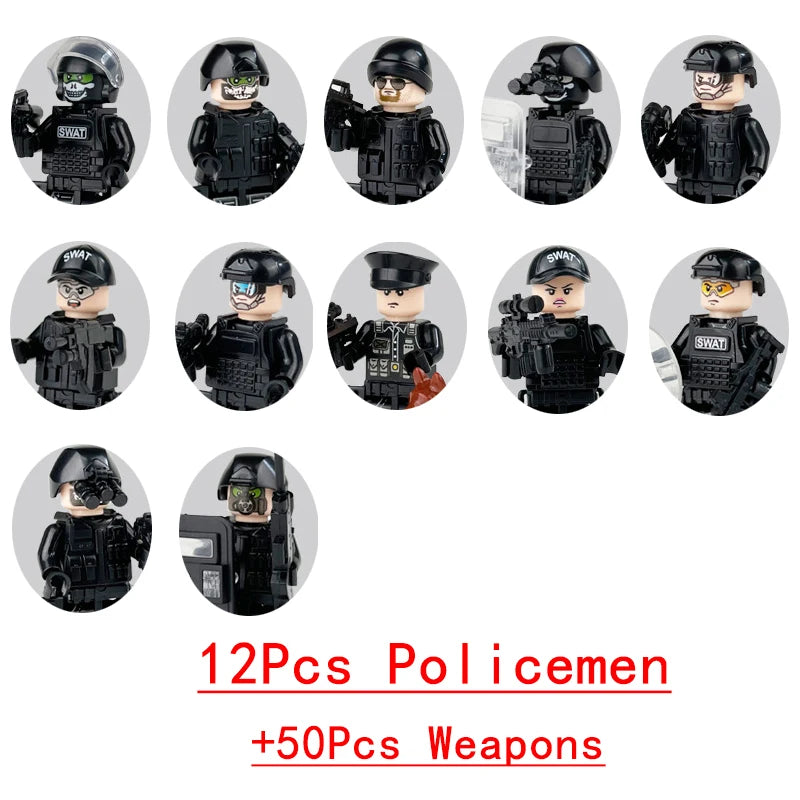Military Weapons Guns Mortar Special Forces Police SWAT Gangster Jeeps Off-Road Armored Vehicle Model Soldier Building Block Toy