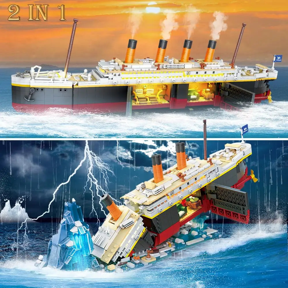 Titanic-Bausatz mit LED - 2 in 1 Titanic-Schiff Mini-Baustein-Schiffsmodell mit Gletscher-Displayständer Spielzeuggeschenk für Erwachsene und Kinder ab 10 Jahren