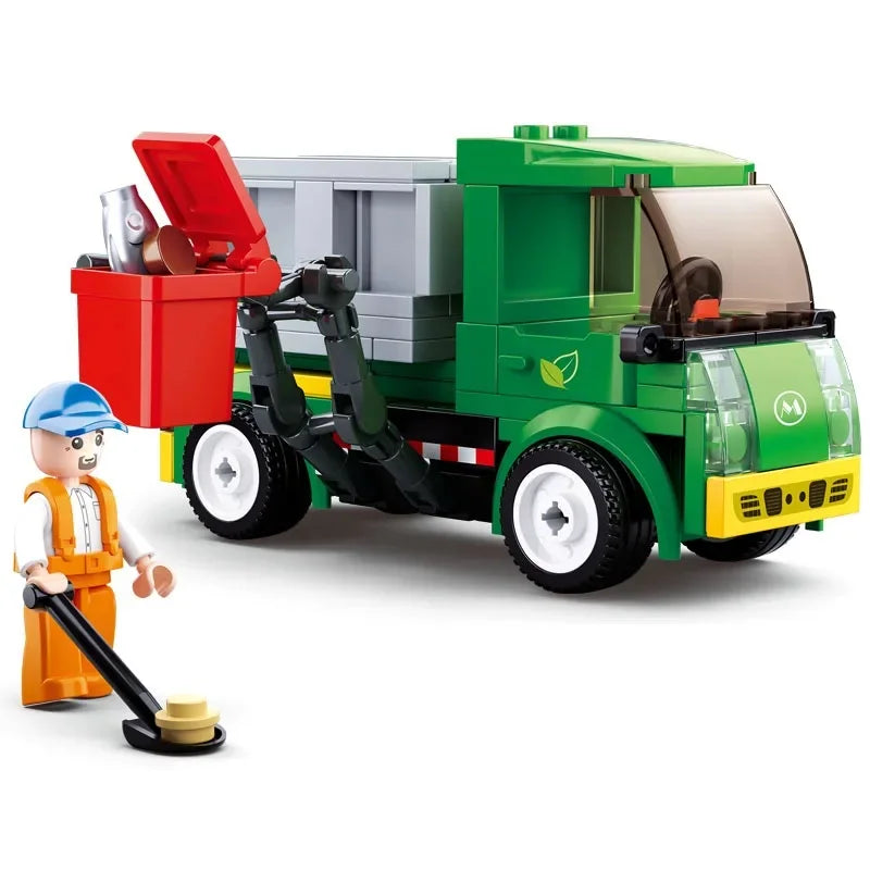 City Town Building Block City Great Vehicles Municipal Car Garbage Truck Light Repair Truck Road Sweeper Sprinkler Bricks Toy
