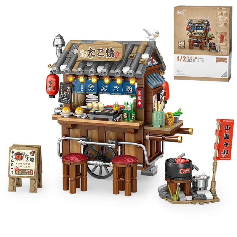 Mini Japanese Octopus Braised Chinese Restaurant Hong Kong Food Shop Street View Building Blocks Boys and Girls Children's Gift