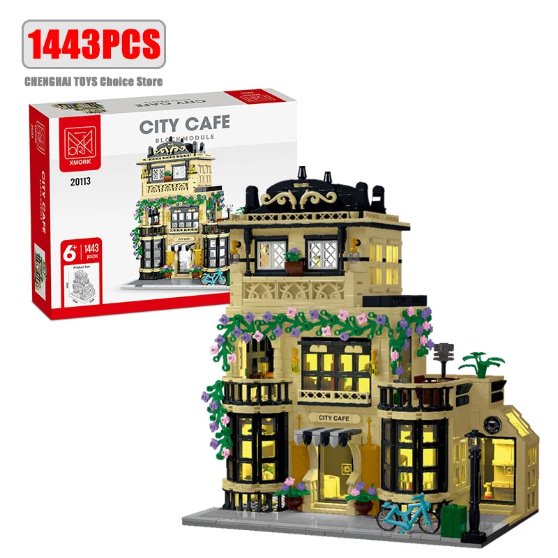 1443-1489 stuks Creatieve Stad Café Licht Straatgezicht Bouwstenen Blokken Model Sets MOC Modulaire Architectuur Jongens Speelgoed Kinderen Cadeaus