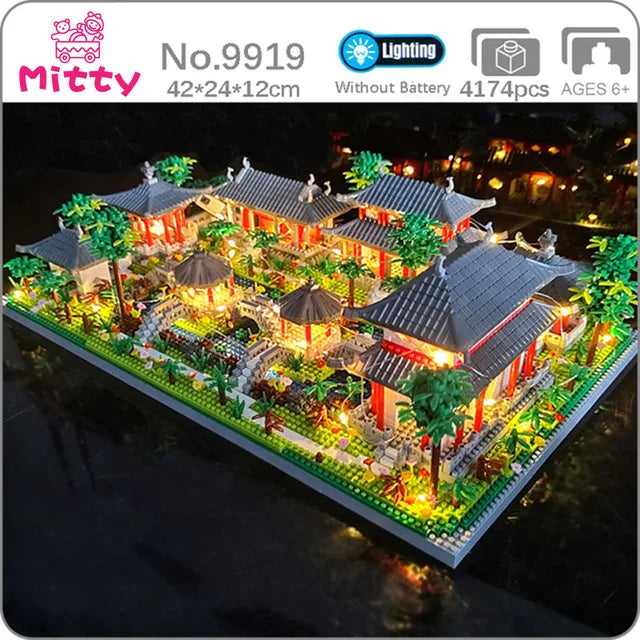 Lezi Architecture Ancient Pavilion Temple Tower Lake Garden Gate LED Light Model Mini Diamond Blocks Bricks Building Toy no Box