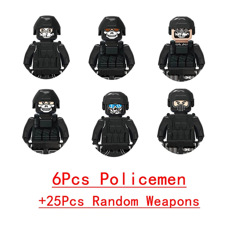 Military Special Forces Police SWAT Gangster Weapons Guns Mortar Jeeps Off-Road Armored Vehicle Model Soldier Building Block Toy