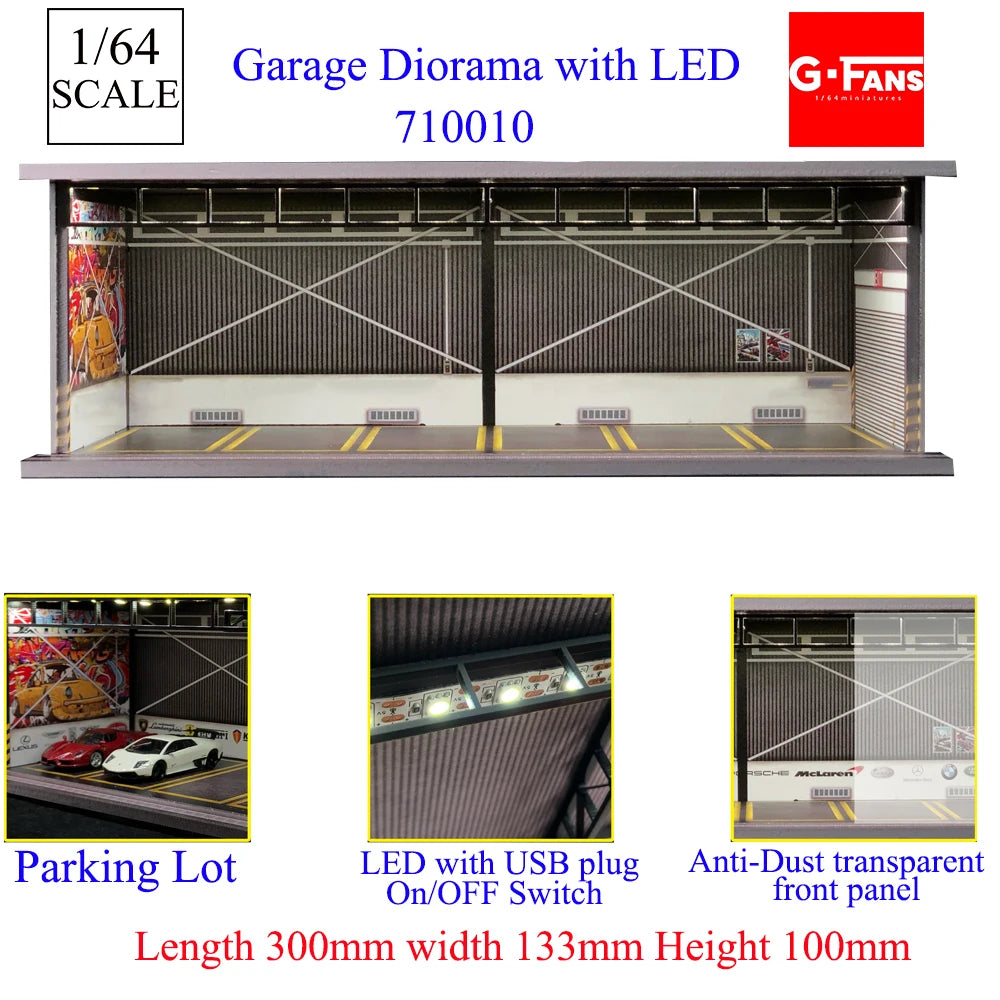 GFans NEW Model 1:64 Scale Diorama Car Garage Model With LED Lights Parking Lots City DIY Model Sets Collection Display Gifts