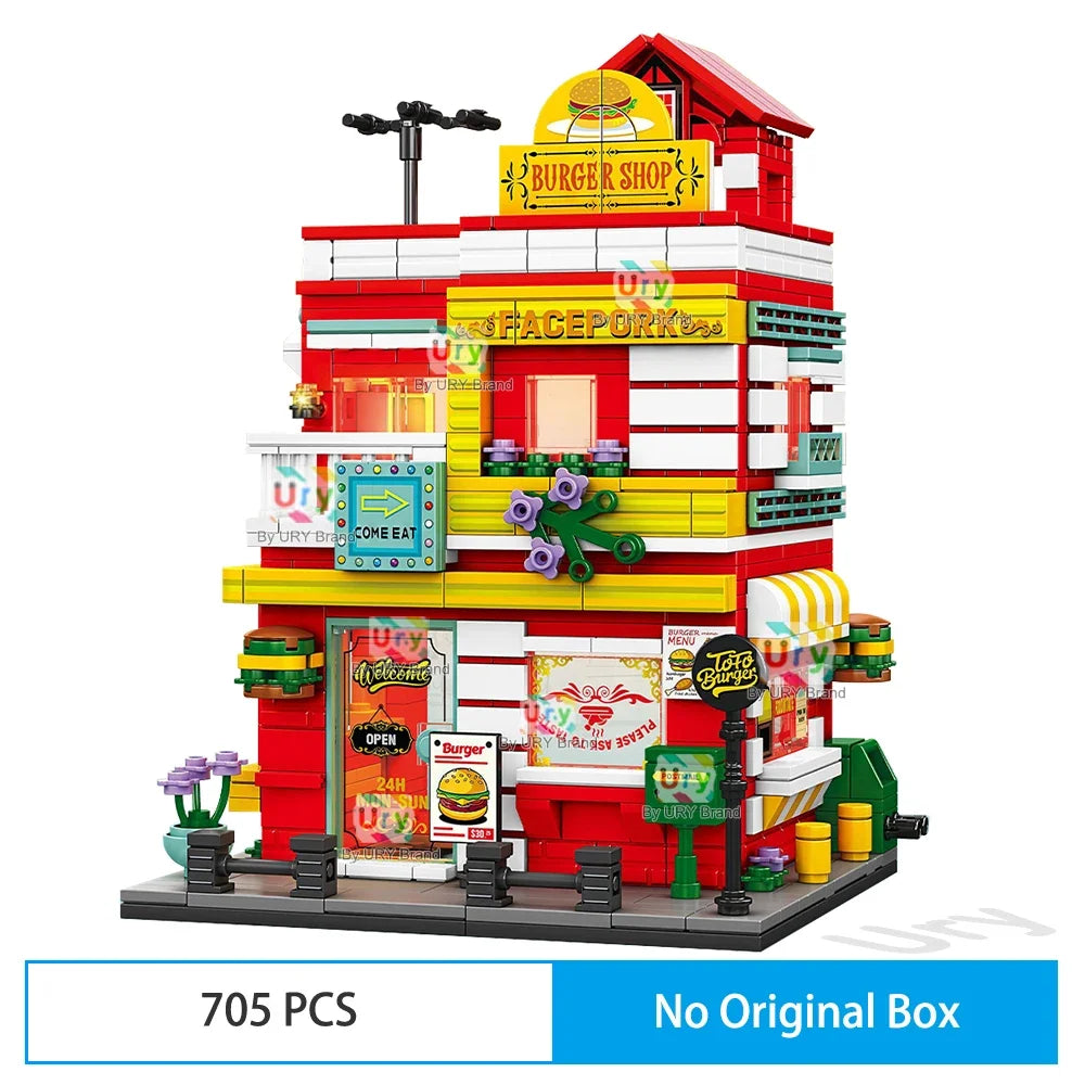 City Street View Modular Mall Supermarket Hotel Burger Coffee Shop Retro Flower House MOC Architecture Building Blocks for Kids
