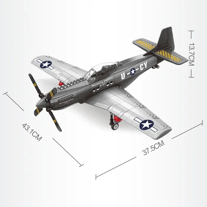Military USA P-51 Mustang Fighter Jets Model Building Blocks Technical Aircraft Airplane MOC Weapons Bricks Toys for Adult Gifts