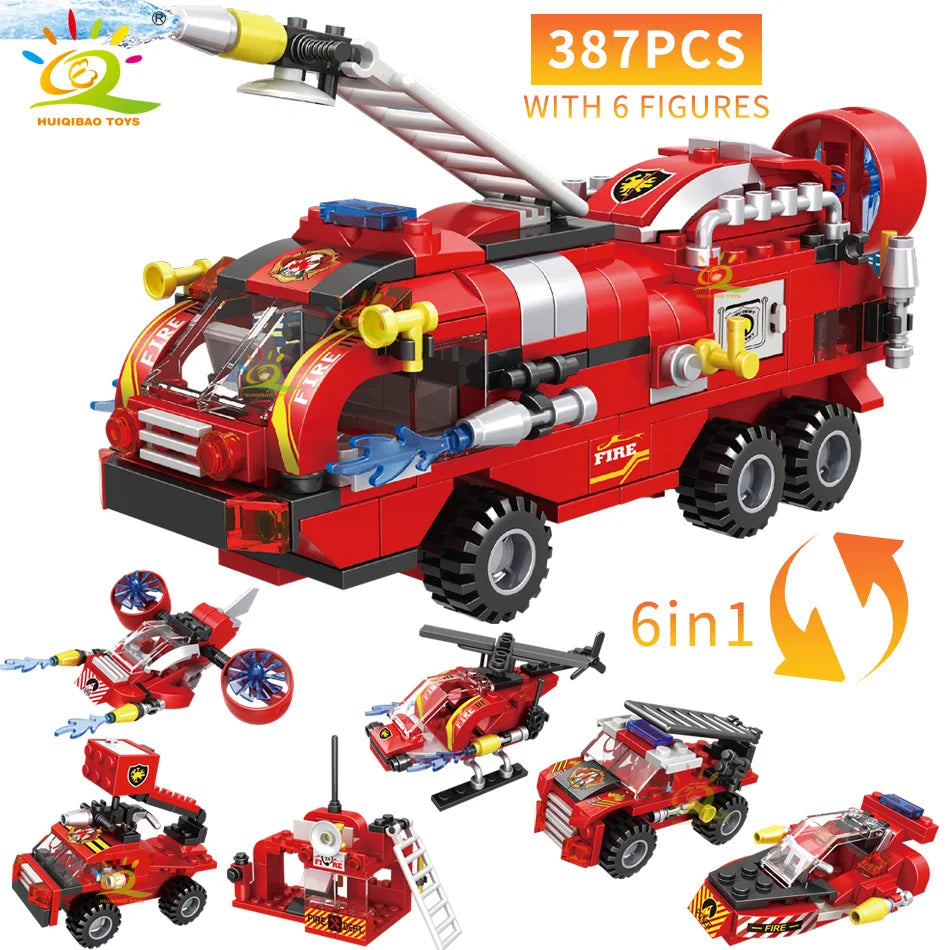 HUIQIBAO Stad Brandweerwagen Model Bouwstenen Brandweerset Brandweerman Figuren Blokken Stad Bouwspeelgoed voor Kinderen Cadeau