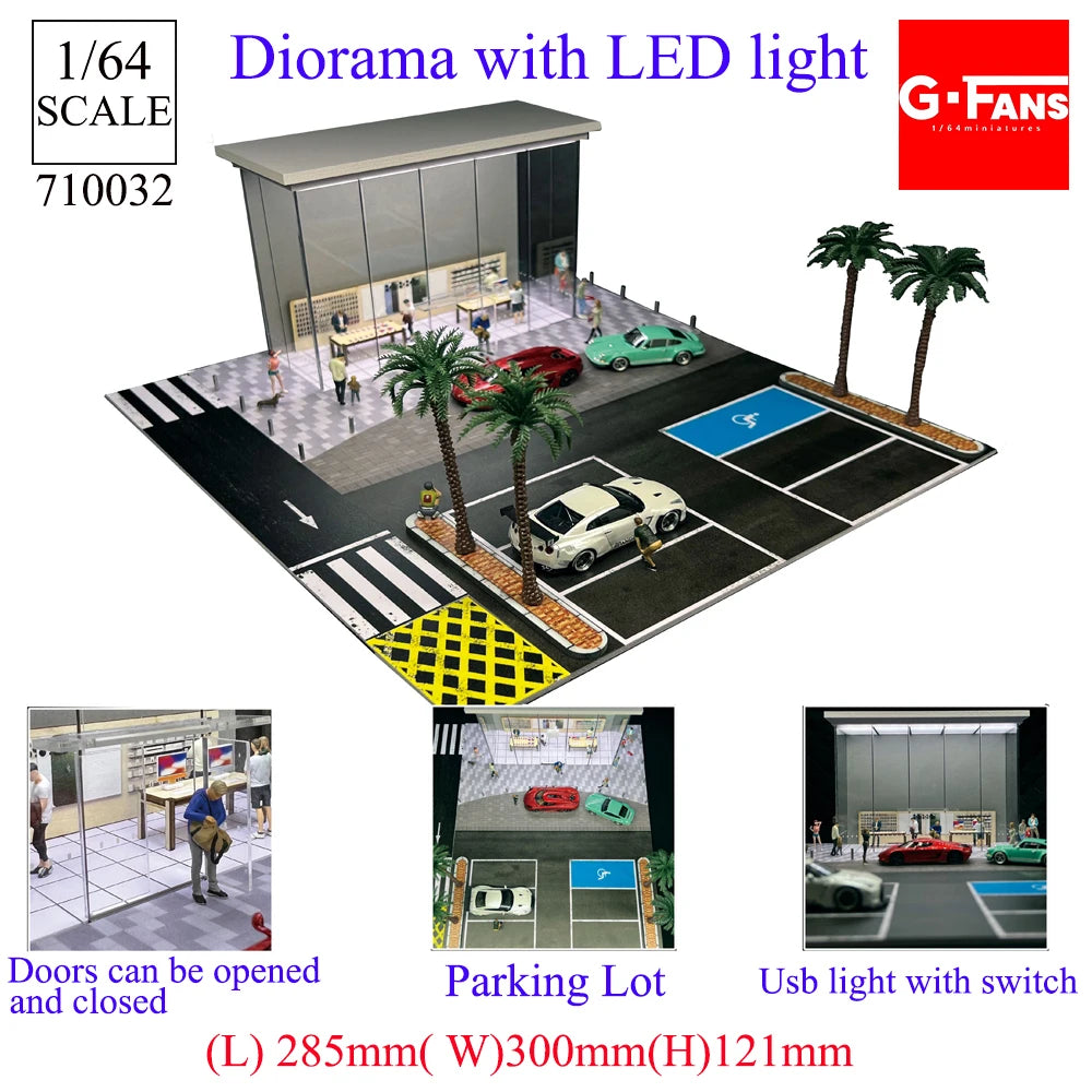 GFans NEW Model 1:64 Scale Diorama Car Garage Model With LED Lights Parking Lots City DIY Model Sets Collection Display Gifts