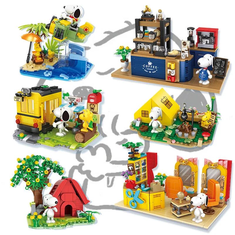 Genuine Snoopy Building Blocks Multi-faceted Life Puzzle Box Cartoon Plastic Building Blocks Trendy Scene Coffee Shop Toys Gift