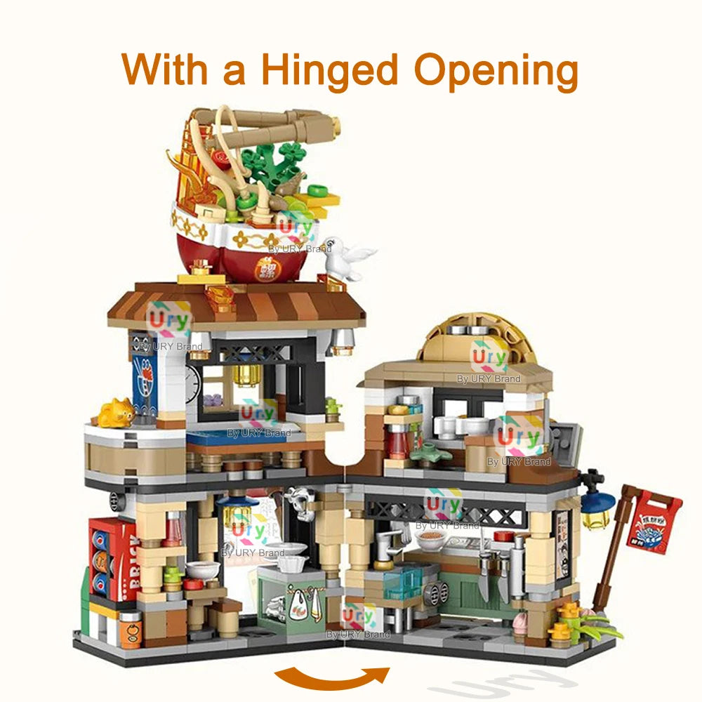 Mini City Japanese Street View Modular Villa Retro Noodle Shop Store Friends House MOC Architecture Building Blocks Set for Kids
