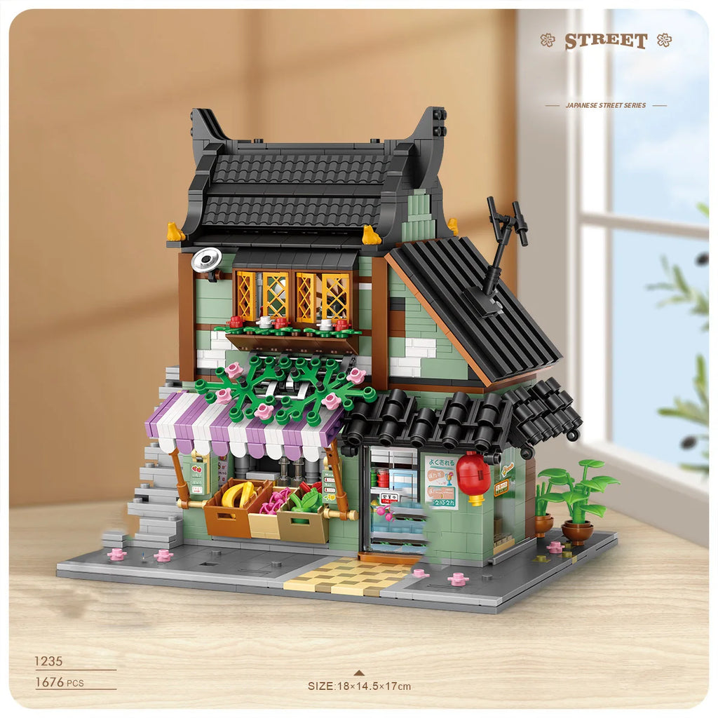 Creative Mini Block Architecture Japanese Noodles Restaurant Apartment Fruit Vegetable Shop Brick Japan Street View Figures Toys