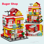 City Street View Modular Mall Supermarket Hotel Burger Coffee Shop Retro Flower House MOC Architecture Building Blocks for Kids