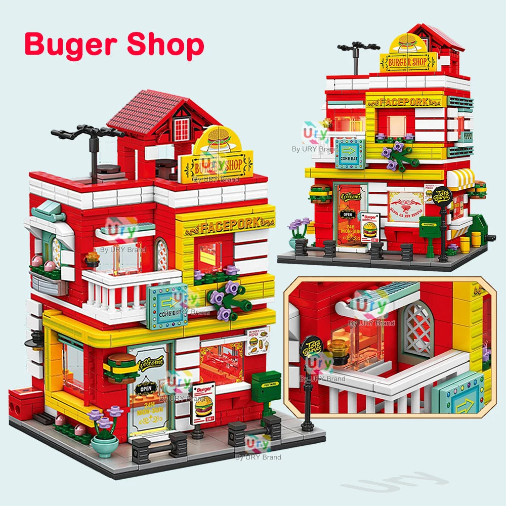 City Street View Modular Mall Supermarket Hotel Burger Coffee Shop Retro Flower House MOC Architecture Building Blocks for Kids
