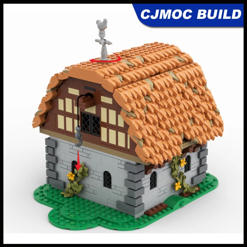 1723 Stück MOC Mühlen-Dorf-Raub Architektur Bausteine Modell Mittelalterliches Dorfhaus Windmühlen-Baustein Baukasten Spielzeug MOC-186596