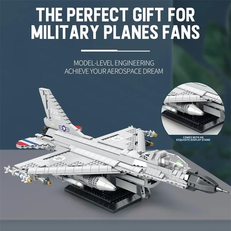 1427PCS Fighting Falcon F-16 Fighter Building Block USA Military Plane Model Bricks Desktop Decoration Toys Kids Holiday Gifts
