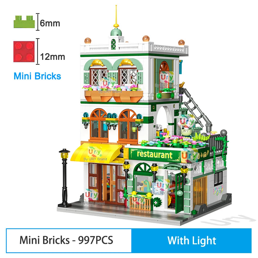 City Street View Modular Chinese Restaurant Retro Flower House with LED Light MOC Architecture Building Block Sets Toys for Kids
