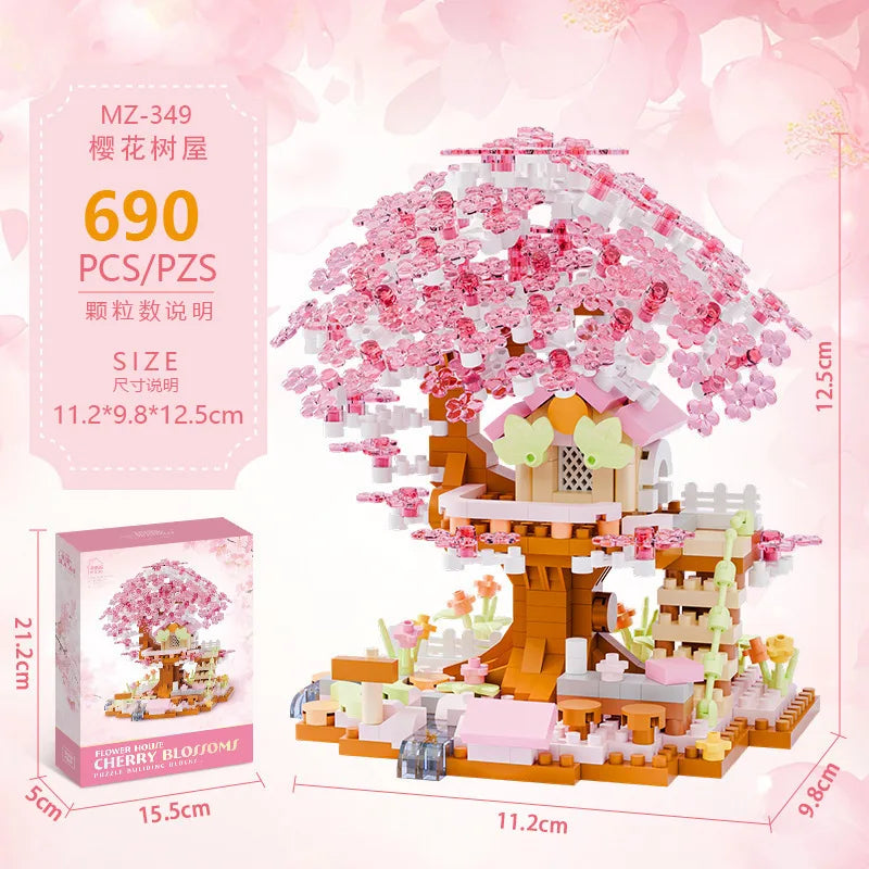 Forest House Building Blocks 3D Cherry Blossom Tree House Architecture Bricks Model Log Cabin Toys For Kids Santa Gift MZ322