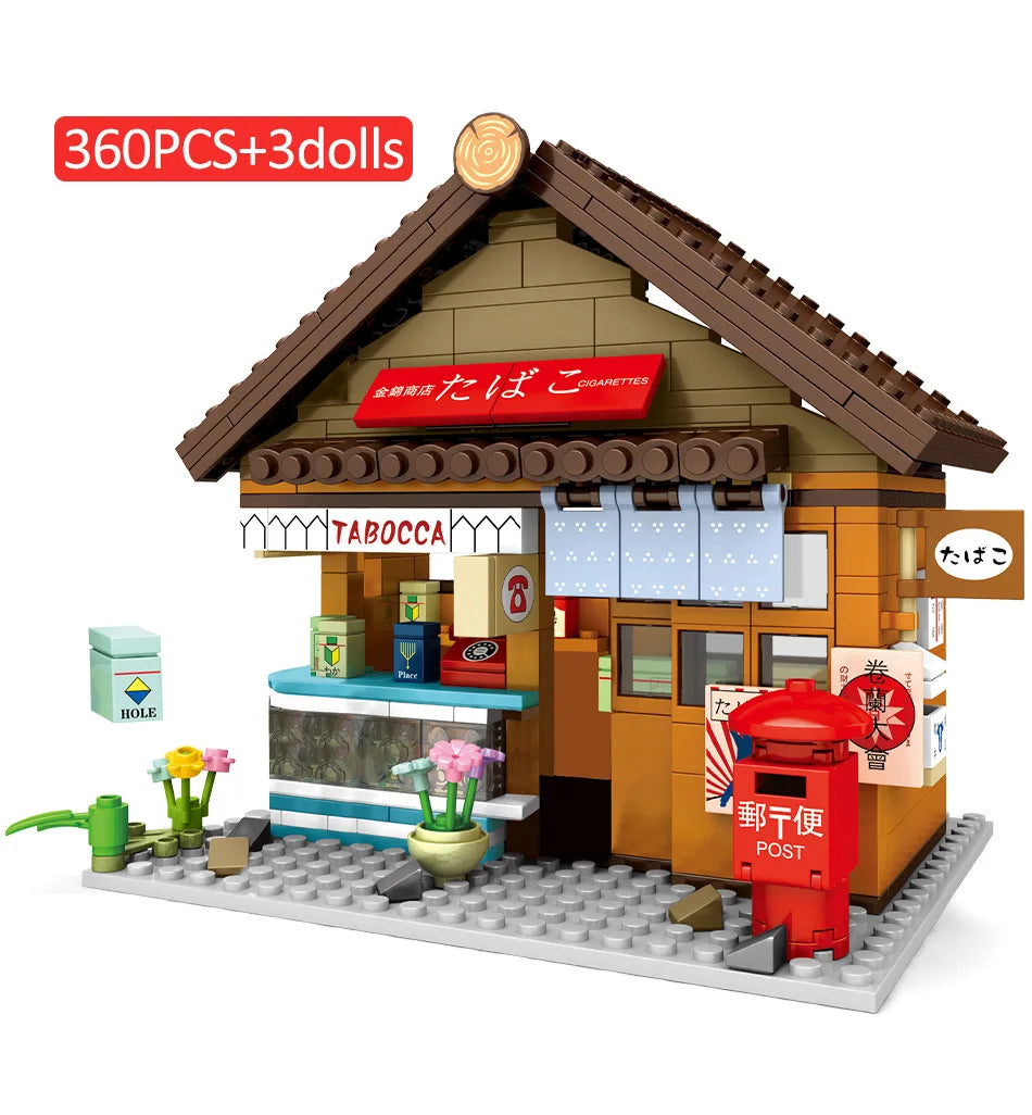 Classic Japan City Street View Build Block Japanese Pastry Vegetable Shop Fabric Bleaching Dyeing Convenience Store Bricks Toy