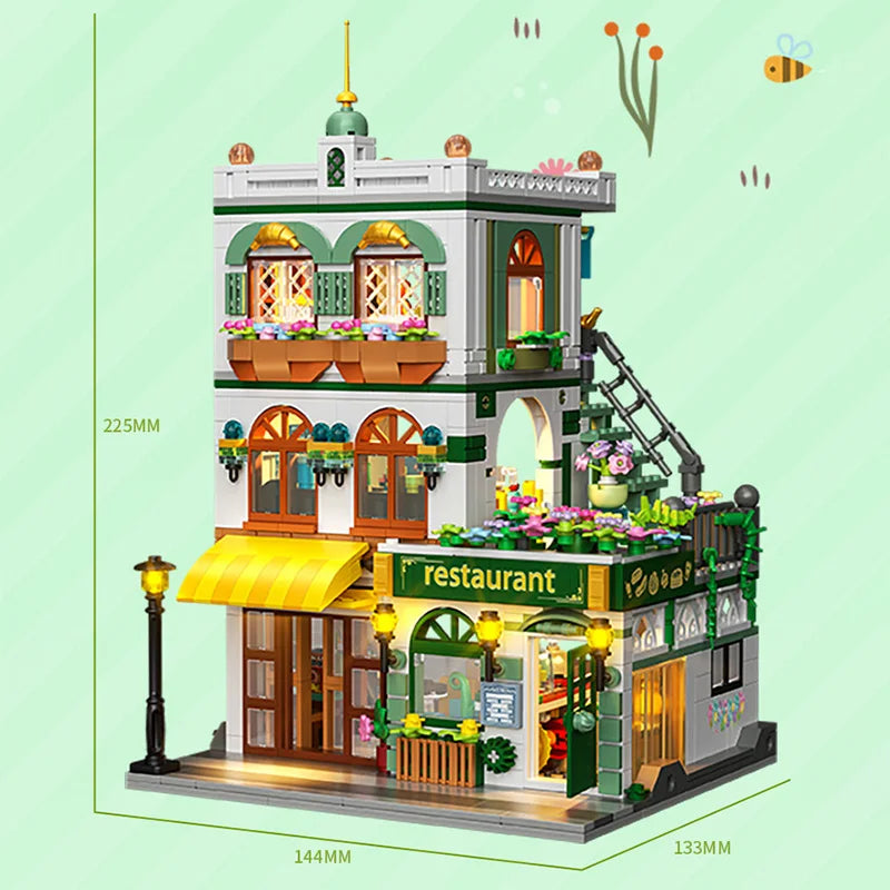 Creative 997Pcs Street View Chinese Restaurant Model Building Blocks City Three Floor Architecture Mini Bricks Toys For Kid Gift