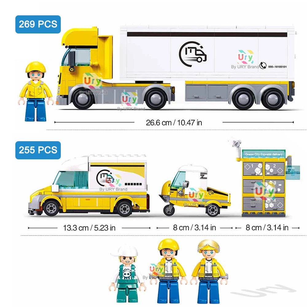 City Traffic Car Yellow Logistics Container Van Truck Express Station Set Figures Model Building Blocks DIY Toys for Boys Gifts