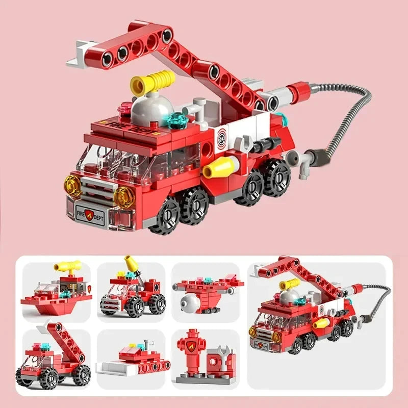 Mini Size 6 In 1 Building Blocks Diy Police Car Fire Truck Castle Model Bricks Kids Educational Toys Gifts