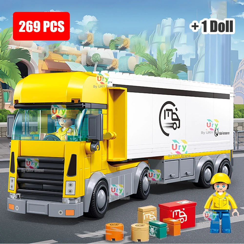City Traffic Car Yellow Logistics Container Van Truck Express Station Set Figures Model Building Blocks DIY Toys for Boys Gifts