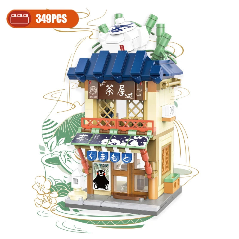 Mini City Street View Noodle Shop Building Blocks 4 in 1 Japanese Architecture Hot Spring House Toy Bricks Friends Children Gift