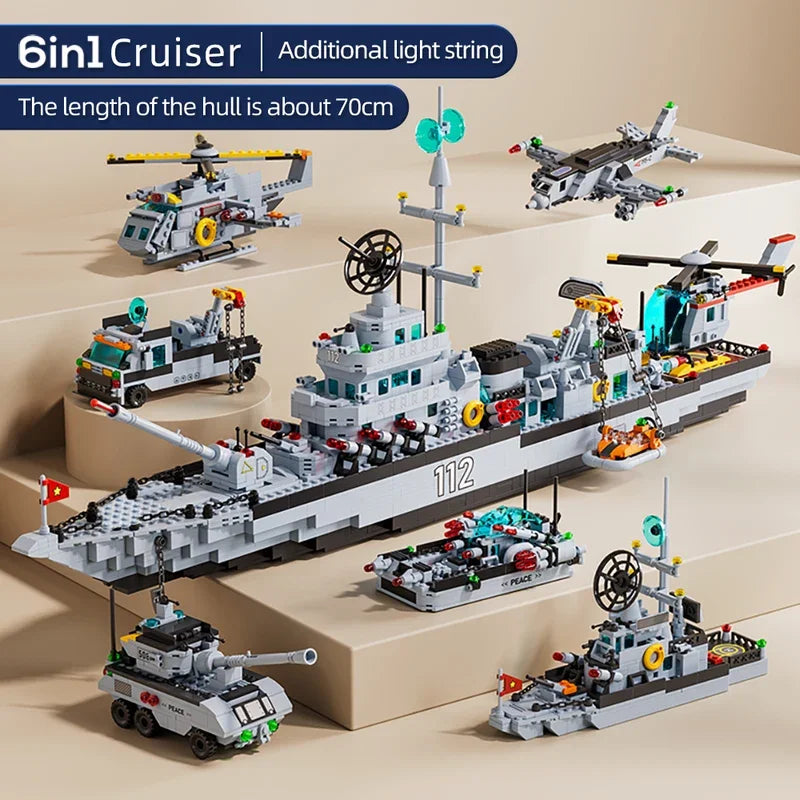 Military Ship Army Ocean Cruiser Warship Building Blocks Aircraft Weap ...