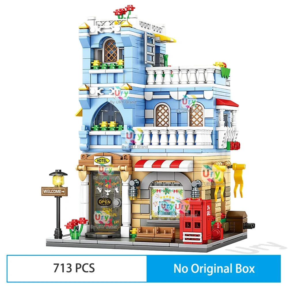 City Street View Modular Mall Supermarket Hotel Burger Coffee Shop Retro Flower House MOC Architecture Building Blocks for Kids