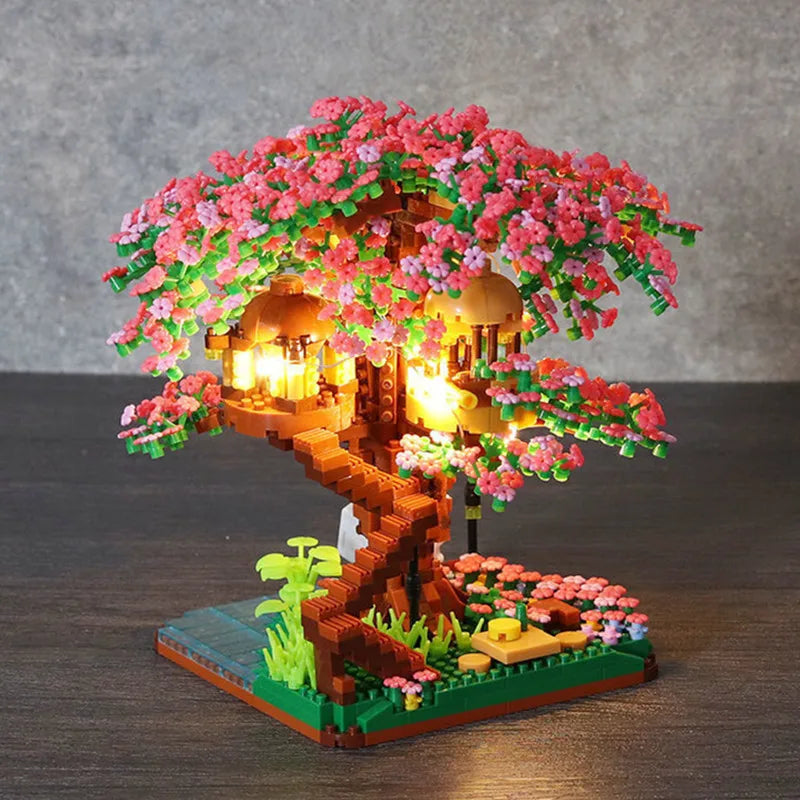 Mini Sakura Boom Bouwstenen Set Doe-Het-Zelf Kersenbloesem Bakstenen met Licht Boomhut Model Ornament Romantisch Cadeau voor Vriendin