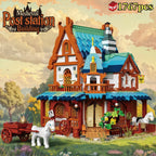 Château de la station de poste médiévale Décor architectural Brique de construction Moyen Âge Vue de rue urbaine Décor Micro briques Jouets Cadeau pour enfant
